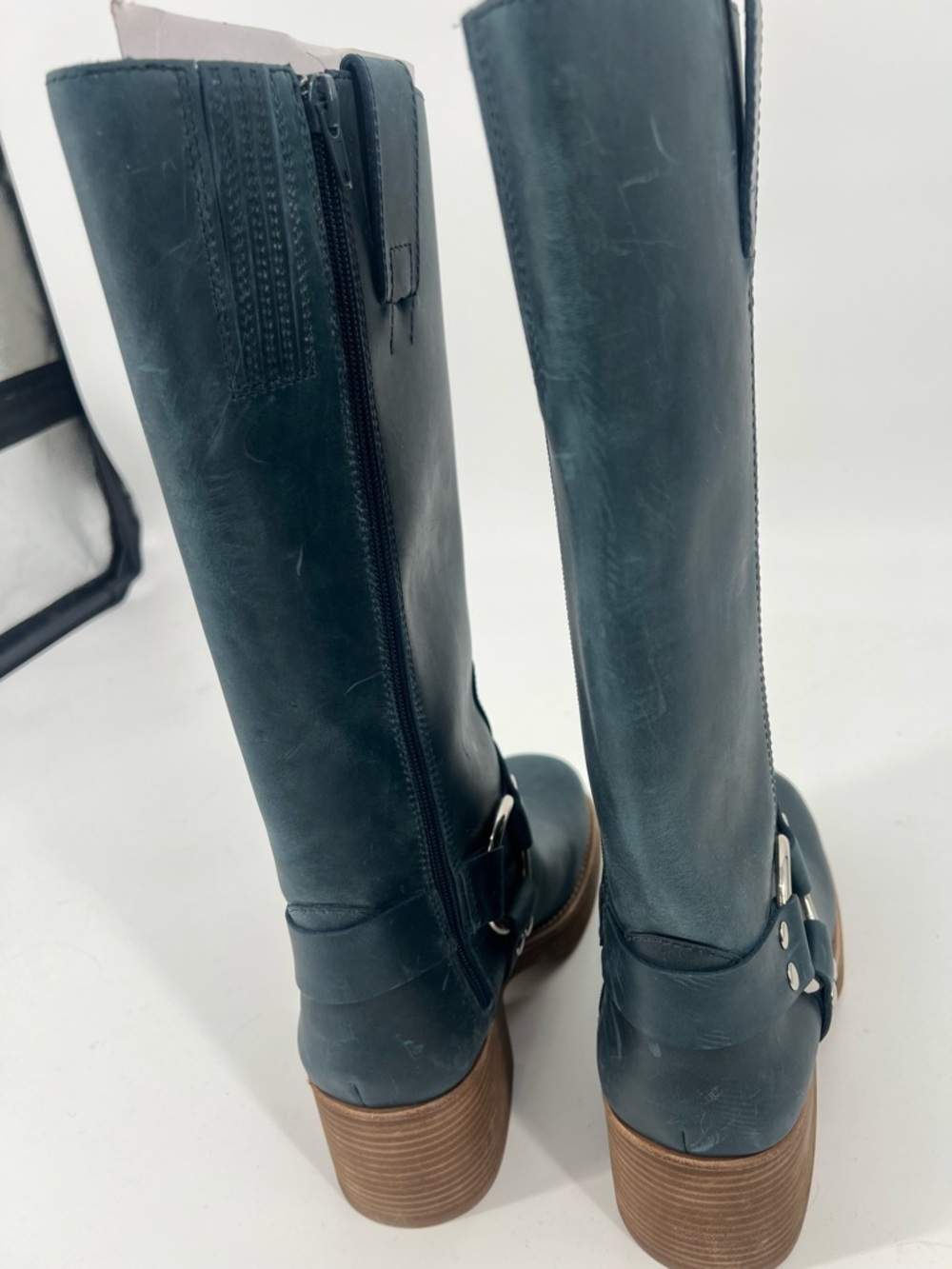 Jeffrey Campbell Reflection Blue Harness Mid-Calf Boots with Brown Stacked Heel - Picture 11 of 13